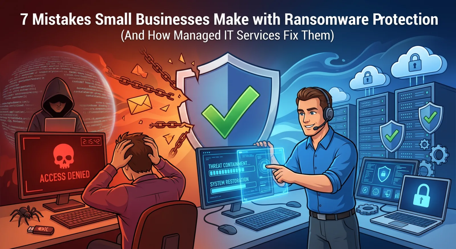 Illustration: a stressed business owner facing a ransomware 'Access Denied' screen while an IT professional restores systems