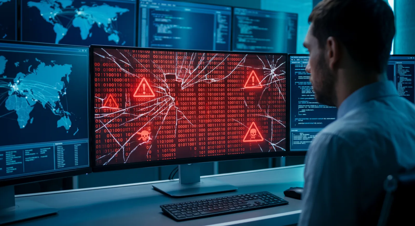 A security analyst views monitors showing a cracked screen of red binary code with malware warning icons