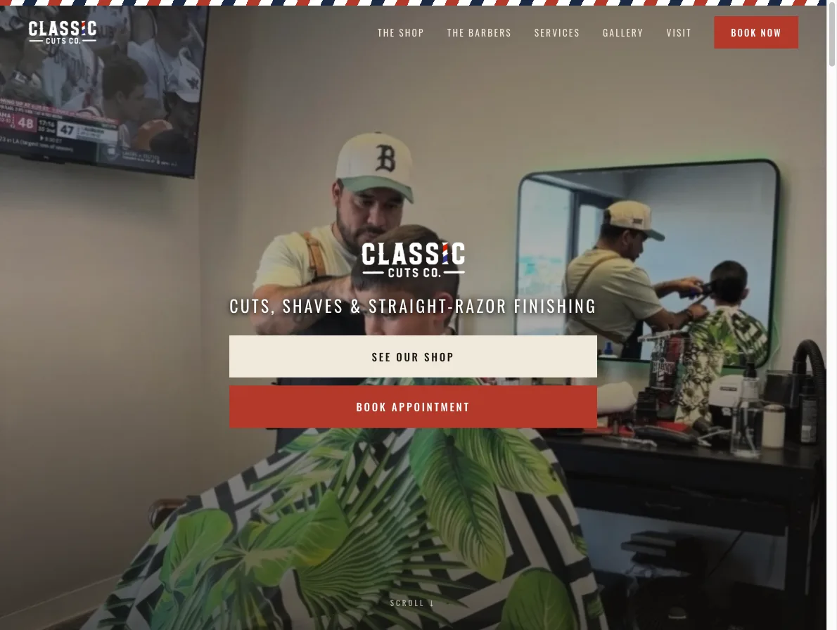 Homepage of Classic Cuts Co., a Sarasota barbershop website built and managed by Tech Tactics (opens in a new tab)