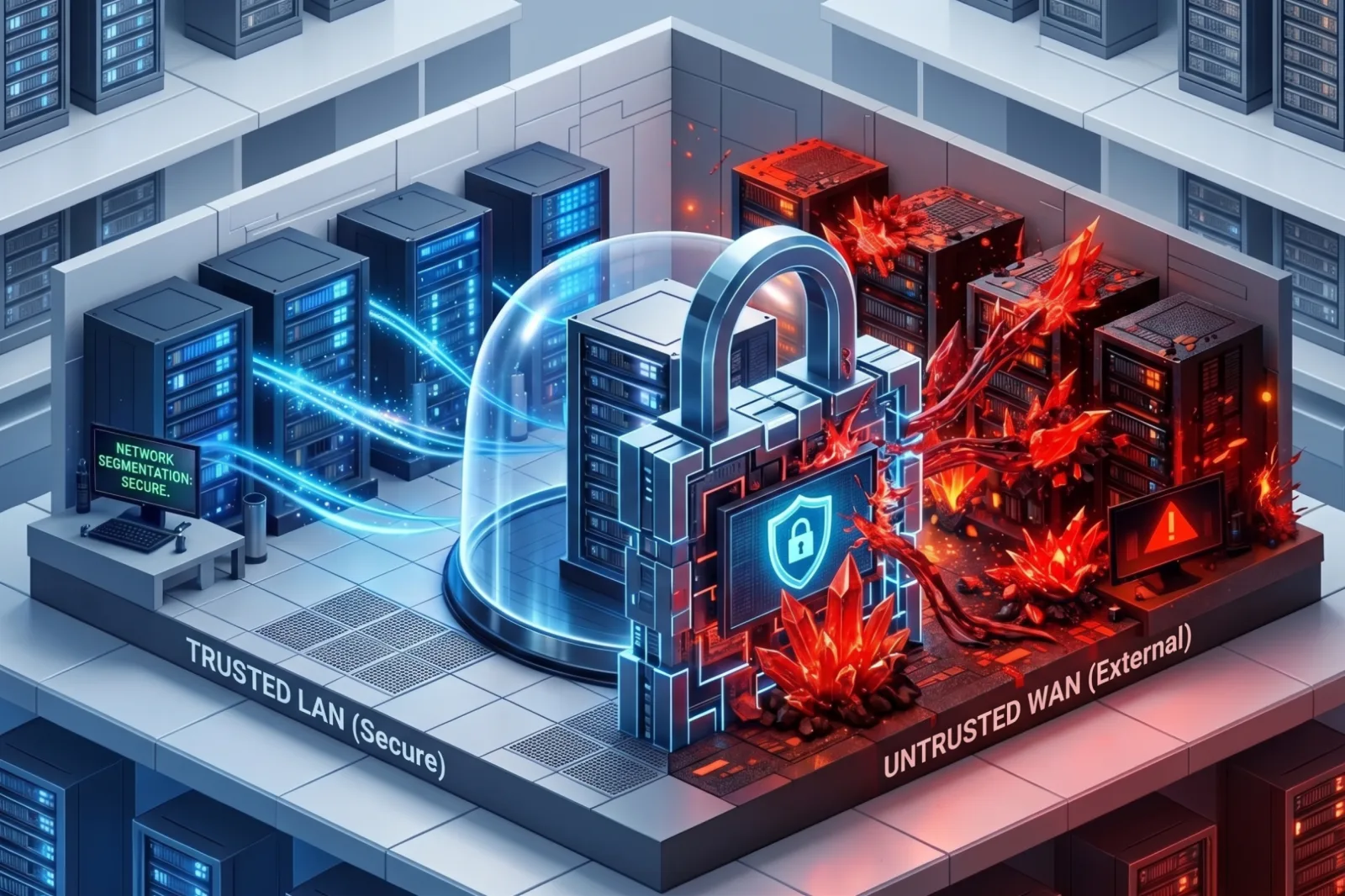 Isometric diagram of a secured, segmented server behind a lock and shield versus compromised red servers on an untrusted network